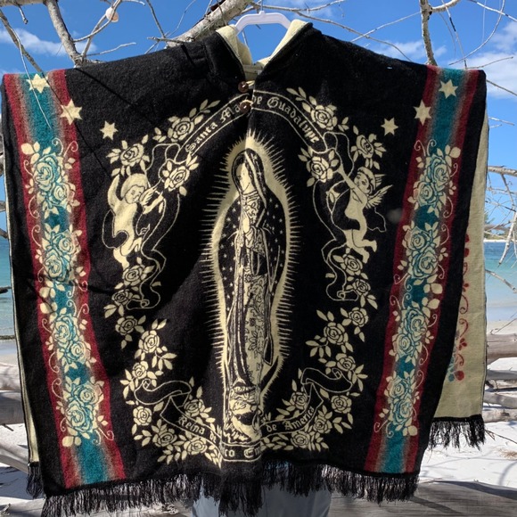 Virgin Mary Guadalupe Poncho Cape Sweater Hooded Black Cream Fringe